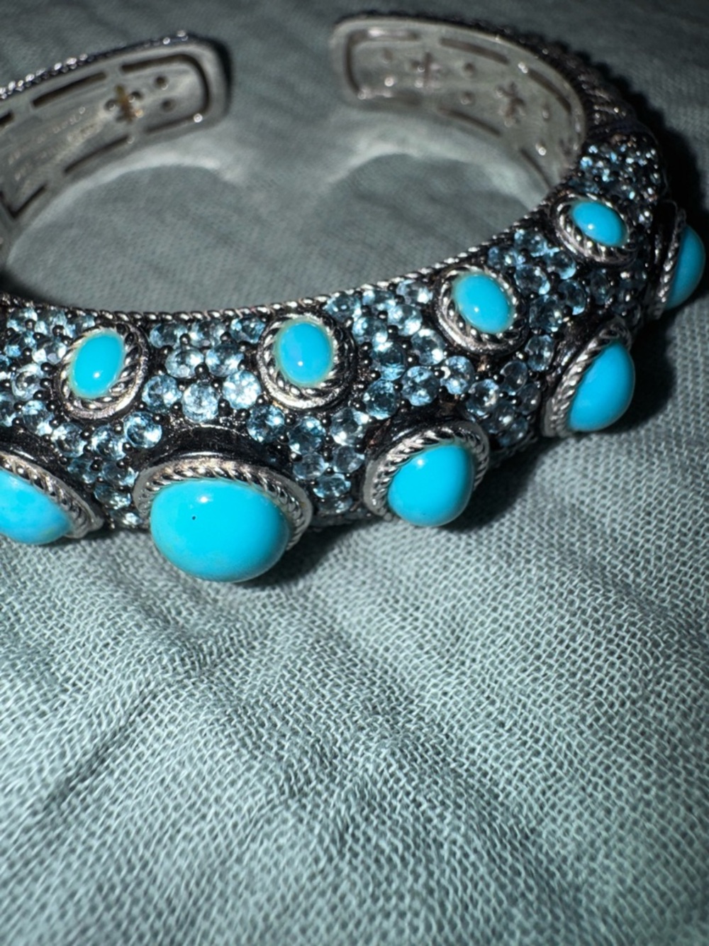 Judith Ripka Turquoise, blue topaz and Sterling silver Cabochon Cuff Bracelet - Picture 2 of 16